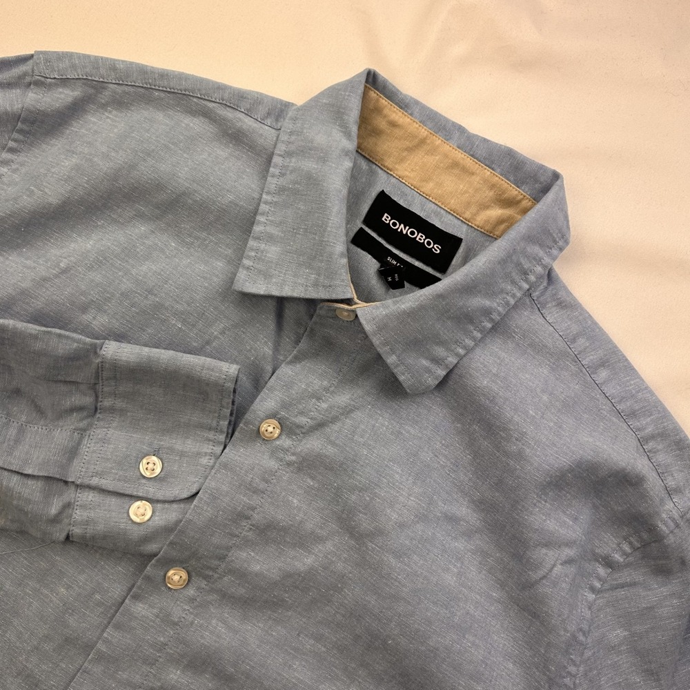 Bonobos Men Solid Blue Linen Long Sleeve Button Down Shirt Slim Fit M NWoT